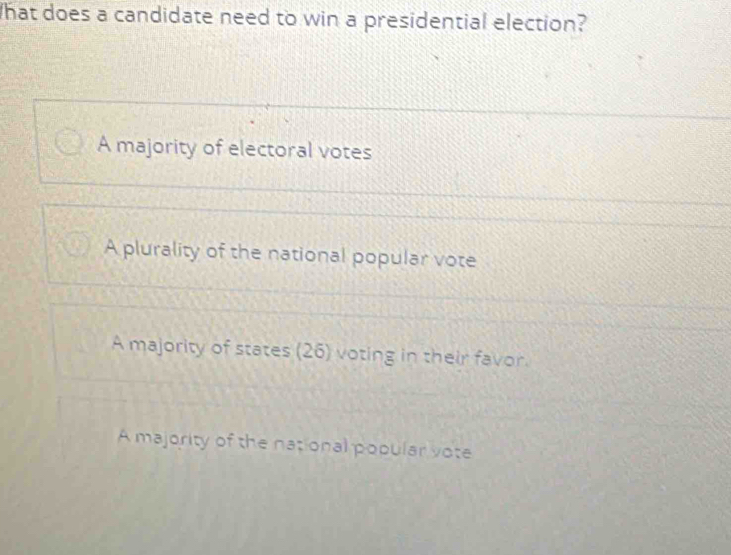 hat does a candidate need to win a presidential election?
A majority of electoral votes
A plurality of the national popular vote
A majority of states (26) voting in their favor.
A majority of the national popular vote