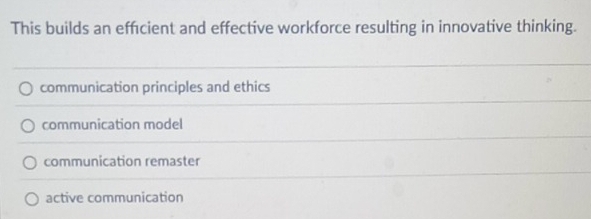 This builds an effcient and effective workforce resulting in innovative thinking.
communication principles and ethics
communication model
communication remaster
active communication