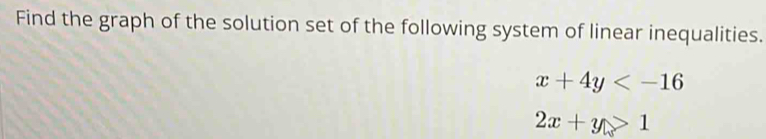 Find the graph of the solution set of the following system of linear inequalities.
x+4y
2x+y>1