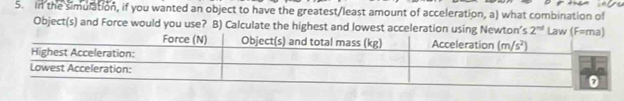 In the simulation, if you wanted an object to have the greatest/least amount of acceleration, a) what combination of
Object(s) and Force would you use? B) Calculate the highest and lowest acceleration using Newton’s 2^(nd)