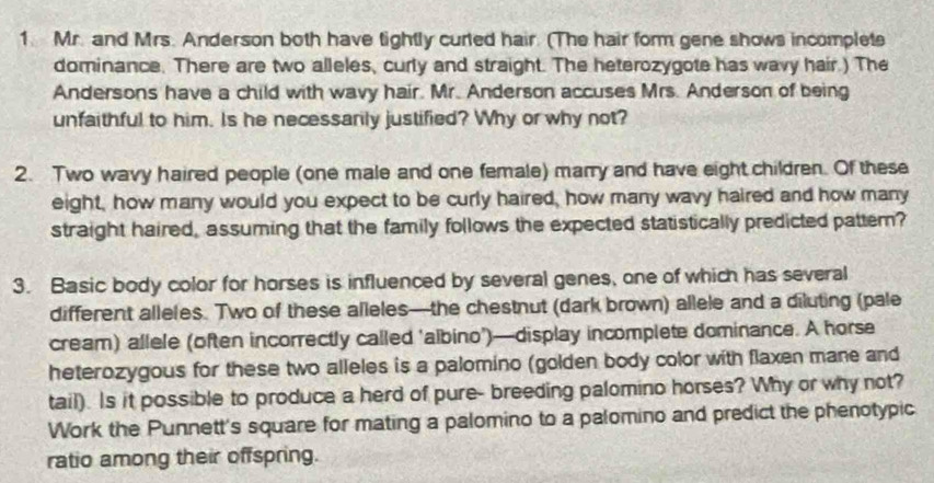 Mr. and Mrs. Anderson both have tightly curted hair. (The hair form gene shows incomplete 
dominance. There are two alleles, curly and straight. The heterozygote has wavy hair.) The 
Andersons have a child with wavy hair. Mr. Anderson accuses Mrs. Anderson of being 
unfaithful to him. Is he necessarily justified? Why or why not? 
2. Two wavy haired people (one male and one female) marry and have eight children. Of these 
eight, how many would you expect to be curly haired, how many wavy haired and how many 
straight haired, assuming that the family follows the expected statistically predicted pattern? 
3. Basic body color for horses is influenced by several genes, one of which has several 
different alleles. Two of these alleles—the chestnut (dark brown) allele and a diluting (pale 
cream) allele (often incorrectly called 'albino’)—display incomplete dominance. A horse 
heterozygous for these two alleles is a palomino (golden body color with flaxen mane and 
tail). Is it possible to produce a herd of pure- breeding palomino horses? Why or why not? 
Work the Punnett's square for mating a palomino to a palomino and predict the phenotypic 
ratio among their offspring.