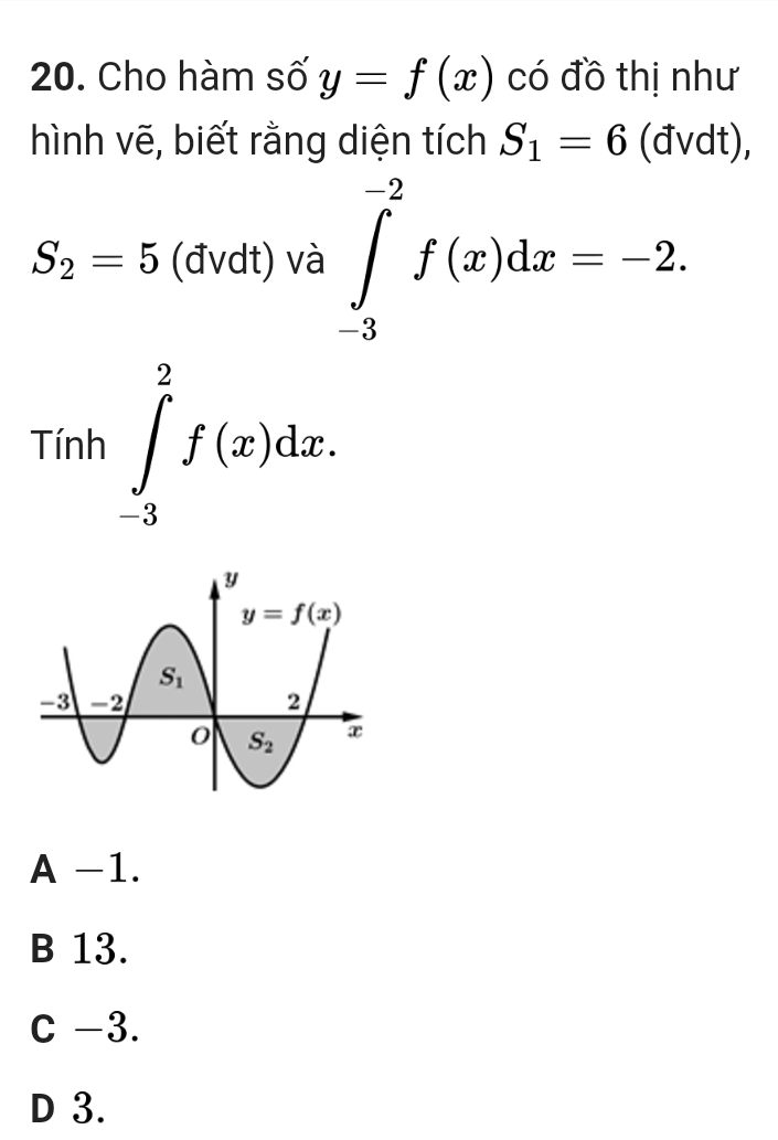 Cho hàm số y=f(x) có đồ thị như
hình vẽ, biết rằng diện tích S_1=6 (đvdt),
S_2=5 (đvdt) và ∈tlimits _(-3)^(-2)f(x)dx=-2.
Tính ∈tlimits _(-3)^2f(x)dx.
A -1.
B 13.
C -3.
D 3.