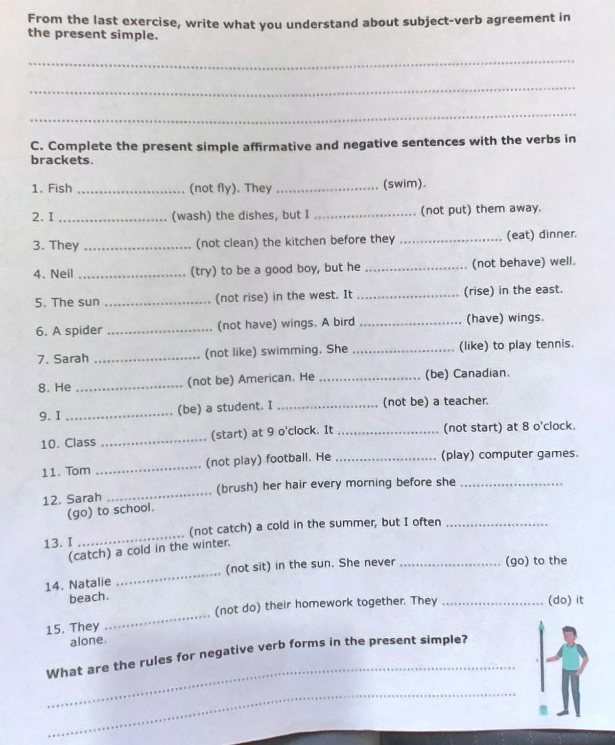 From the last exercise, write what you understand about subject-verb agreement in 
the present simple. 
_ 
_ 
_ 
C. Complete the present simple affirmative and negative sentences with the verbs in 
brackets. 
1、Fish _(not fly). They _(swim). 
2. I _(wash) the dishes, but I _(not put) them away. 
3. They _(not clean) the kitchen before they _(eat) dinner. 
4. Neil _(try) to be a good boy, but he _(not behave) well. 
5. The sun _(not rise) in the west. It _(rise) in the east. 
6. A spider _(not have) wings. A bird _(have) wings. 
7. Sarah _(not like) swimming. She _(like) to play tennis. 
8. He _(not be) American. He _(be) Canadian. 
9. I _(be) a student. I _(not be) a teacher. 
10. Class _(start) at 9 o'clock. It _(not start) at 8 o'clock. 
11. Tom _(not play) football. He_ 
(play) computer games. 
(brush) her hair every morning before she_ 
12. Sarah 
_ 
(go) to school. 
(not catch) a cold in the summer, but I often_ 
13. I 
_ 
(catch) a cold in the winter. 
(not sit) in the sun. She never _(go) to the 
14. Natalie 
_ 
beach. 
(not do) their homework together. They_ 
(do) it 
15. They 
_ 
alone 
_ 
What are the rules for negative verb forms in the present simple? 
_