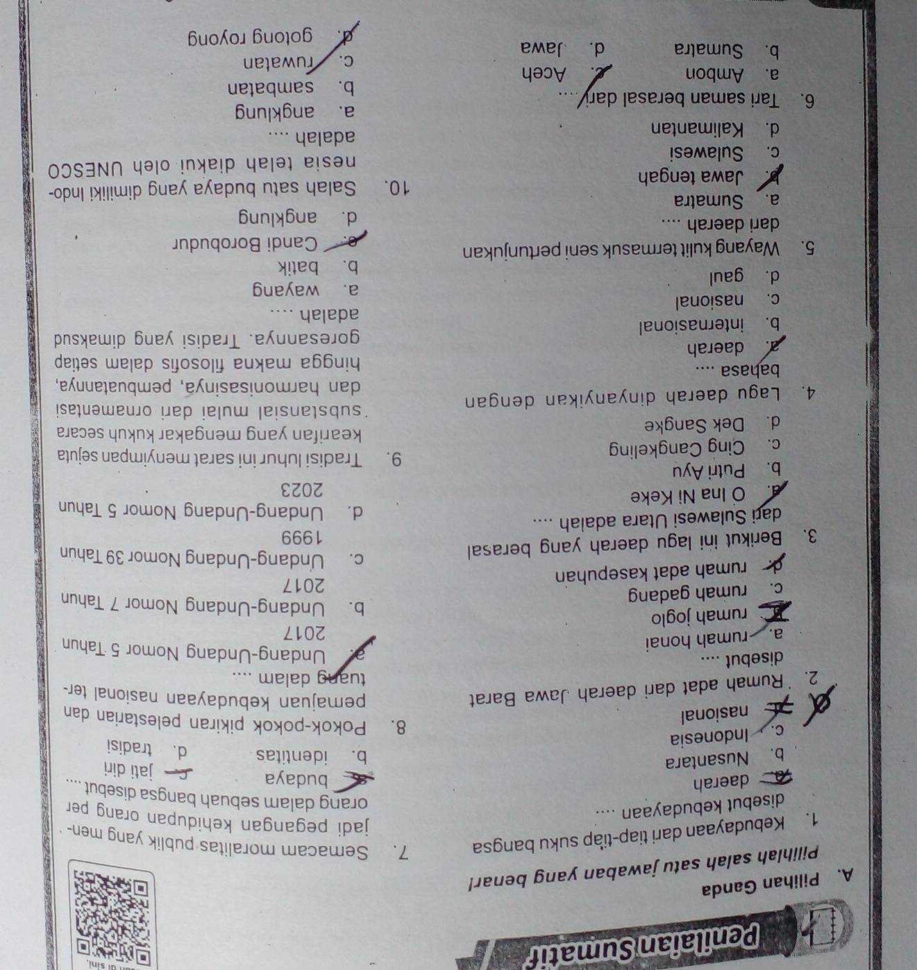 Penilaian Sumatif
Sin
A. Pilihan Ganda
Pilihlah salah satu jawaban yang benar!
1. Kebudayaan dari tiap-tiap suku bangsa 7. Semacam moralitas publik yang men-
disebut kebudayaan ....
jadi pegangan kehidupan orang per
orang dalam sebuah bangsa disebut ....
daerah
budaya jati diri
b. Nusantara
b. identitas d. tradisi
c. Indonesia
nasional
8. Pokok-pokok pikiran pelestarian dan
2. 'Rumah adat dari daerah Jawa Barat
pemajuan kebudayaan nasional ter-
tuang dalam ....
disebut ....
a. rumah honai
Undang-Undang Nomor 5 Tahun
2017
rumah joglo
c. rumah gadang
b. Undang-Undang Nomor 7 Tahun
rumah adat kasepuhan
2017
c. Undang-Undang Nomor 39 Tahun
3. Berikut ini lagu daerah yang berasal 1999
dari Sulawesi Utara adalah ....
d. Undang-Undang Nomor 5 Tahun
a. O Ina Ni Keke 2023
b. Putri Ayu 9. Tradisi luhur ini sarat menyimpan sejuta
c. Cing Cangkeling
d. Dek Sangke
kearifan yang mengakar kukuh secara
substansial mulai dari ornamentasi
4. Lagu daerah dinyanyikan dengan dan harmonisasinya, pembuatannya,
bahasa ....
hingga makna filosofis dalam setiap
a. daerah
goresannya. Tradisi yang dimaksud
b. internasional adalah ....
c. nasional
a. wayang
d. gaul
b. batik
5. Wayang kulit termasuk seni pertunjukan
Candi Borobudur
dari daerah ....
d. angklung
a. Sumatra
Jawa tengah 10. Salah satu budaya yang dimiliki Indo-
c. Sulawesi nesia telah diakui oleh UNESCO
d. Kalimantan
adalah ....
a. angklung
6. Tari saman berasal dari ....
b. sambatan
a. Ambon c. Aceh
b. Sumatra d. Jawa c. ruwatan
d. gotong royon
