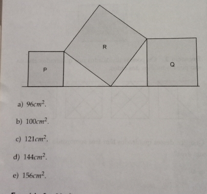 a) 96cm^2.
b) 100cm^2.
c) 121cm^2.
d) 144cm^2.
e) 156cm^2.