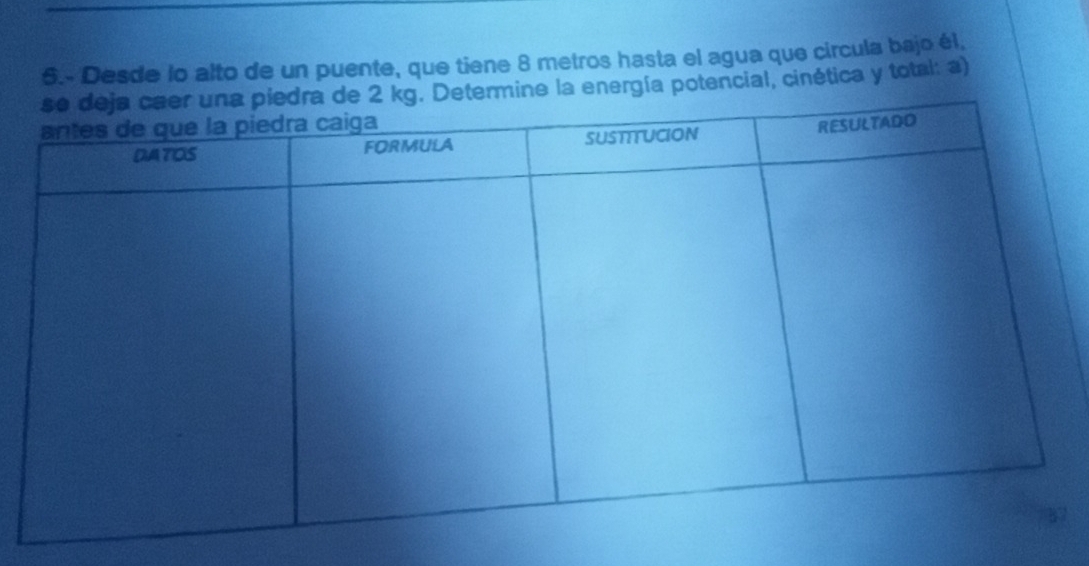 6.- Desde lo alto de un puente, que tiene 8 metros hasta el agua que circula bajo él. 
potencial, cinética y total: a)