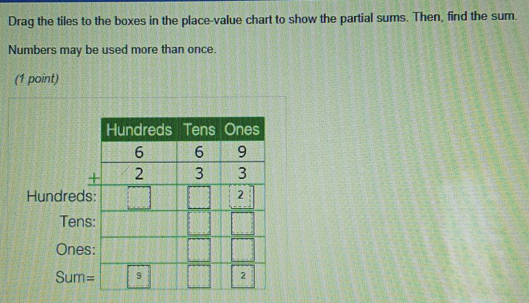 Drag the tiles to the boxes in the place-value chart to show the partial sums. Then, find the sum.
Numbers may be used more than once.
(1 point)
Hundred
Ten
One
Sum