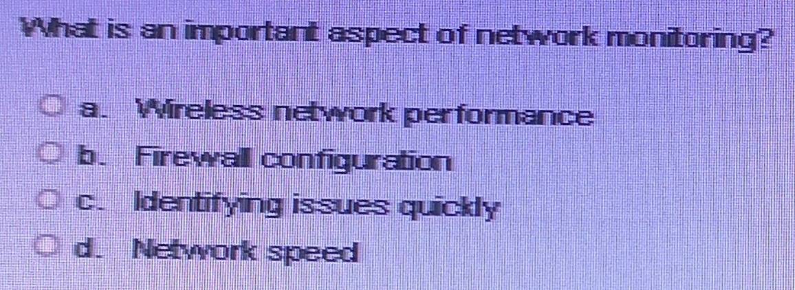 What is an important aspect of network monitoring?
a. Wireless network performance
b. Firewall configuration
c. Identifying issues quickly
d. Network speed