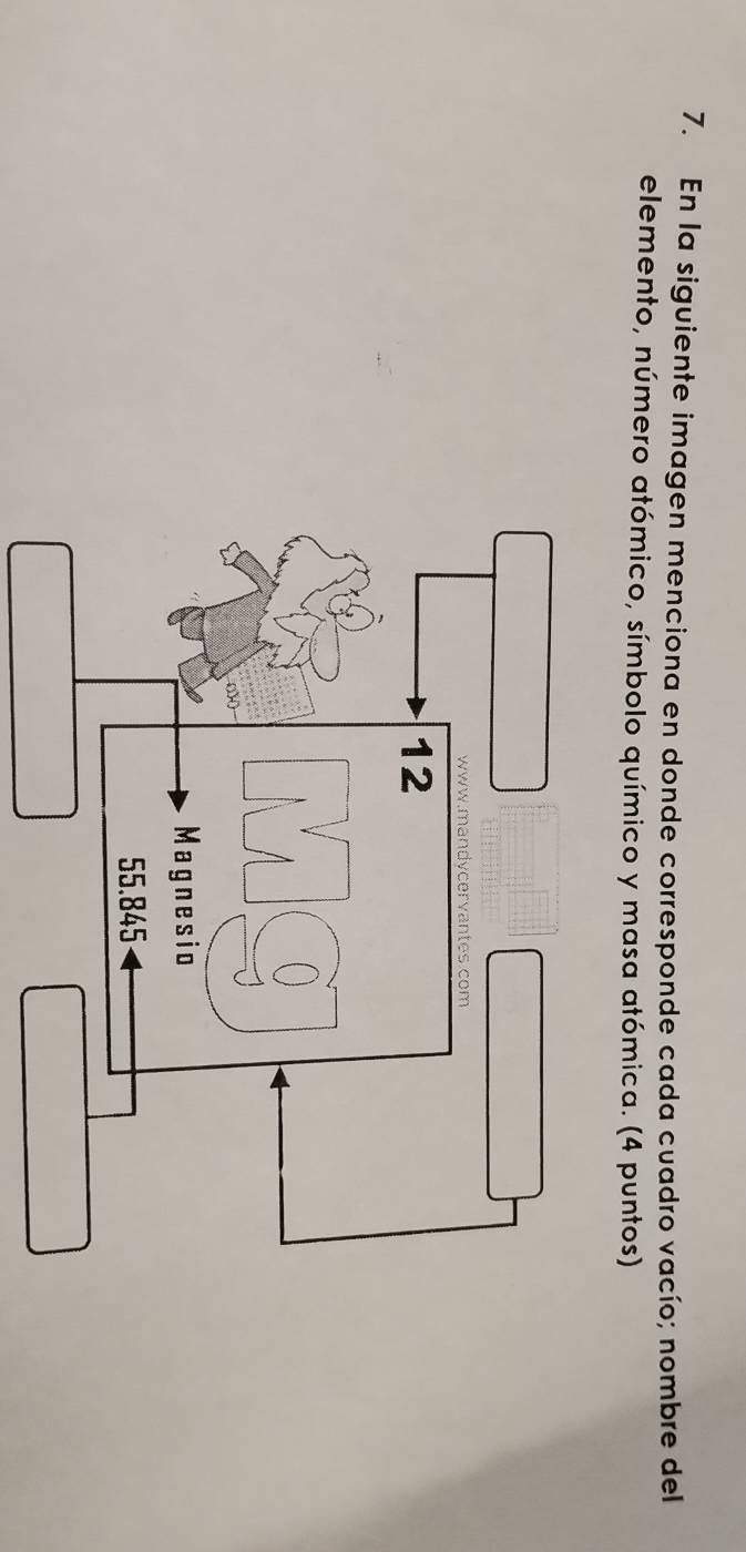 En la siguiente imagen menciona en donde corresponde cada cuadro vacío; nombre del 
elemento, número atómico, símbolo químico y masa atómica. (4 puntos)