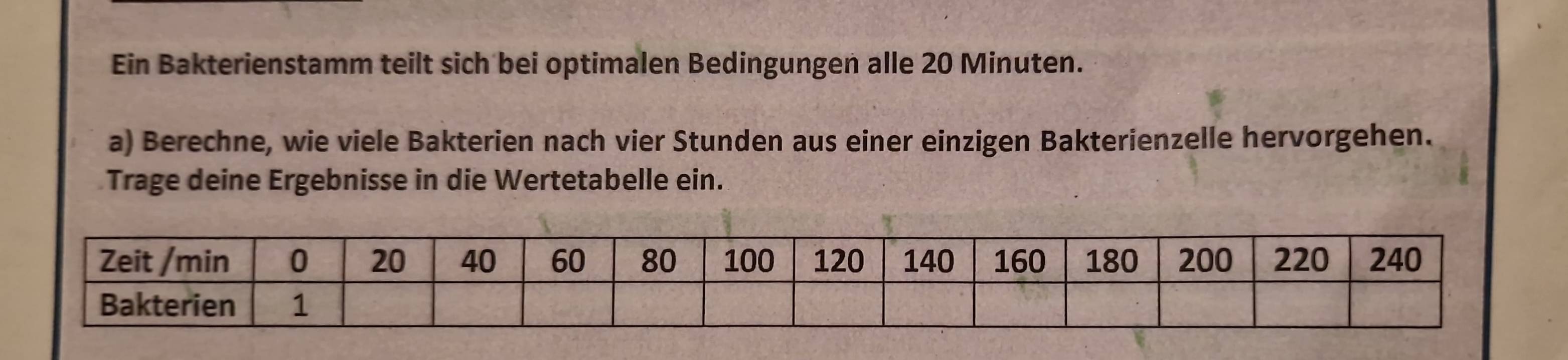 Ein Bakterienstamm teilt sich bei optimalen Bedingungen alle 20 Minuten. 
a) Berechne, wie viele Bakterien nach vier Stunden aus einer einzigen Bakterienzelle hervorgehen. 
Trage deine Ergebnisse in die Wertetabelle ein.