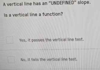 A vertical line has an "UNDEFINED" slope.
Is a vertical line a function?
Yes, it passes the vertical line test.
No, it fails the vertical line test.