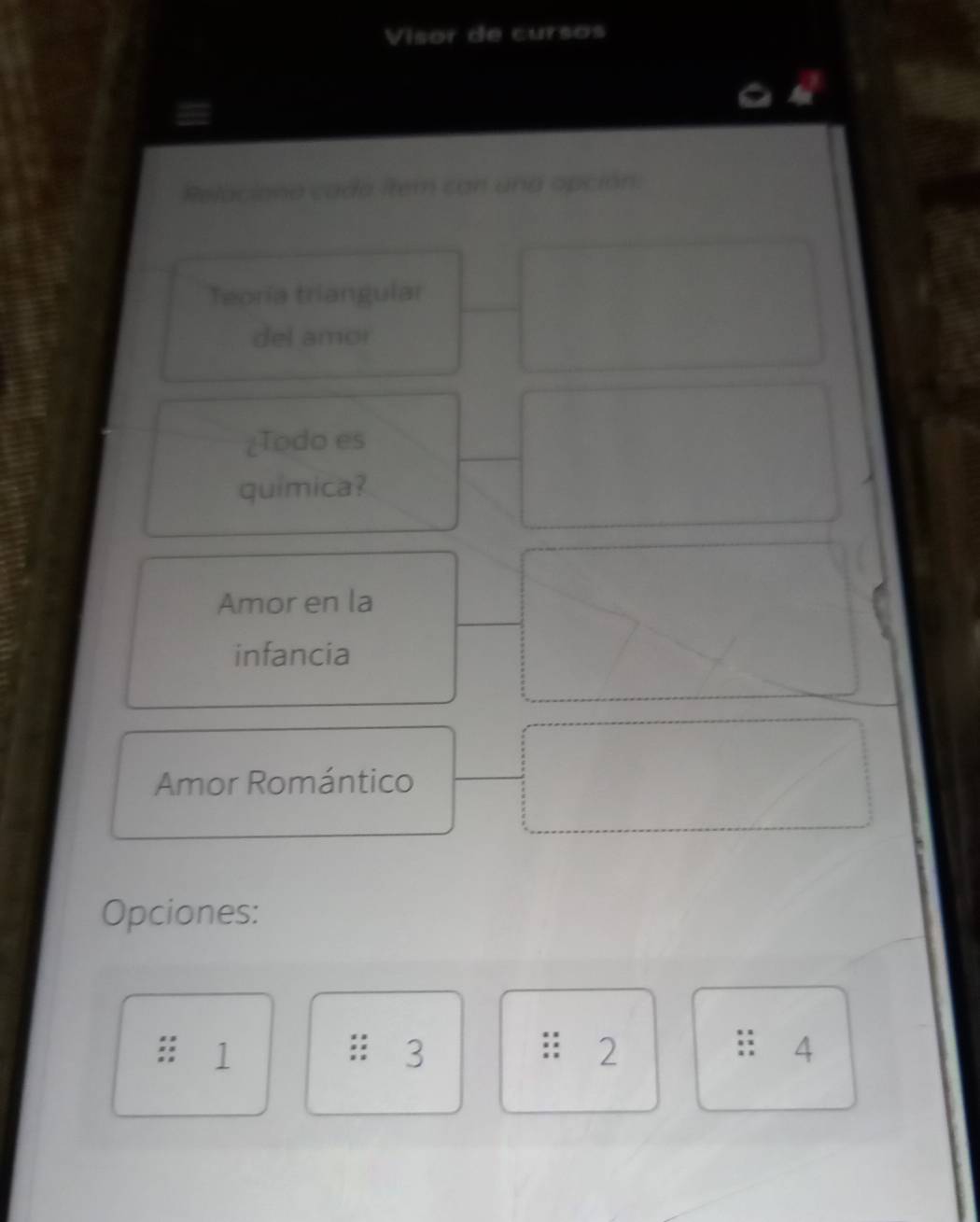 Visor de cursos 
Relaciona cada item con una opción. 
Teoría triangular 
del amor 
¿Todo es 
quimica? 
Amor en la 
infancia 
Amor Romántico 
Opciones:
1
3
2
4