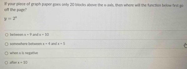 If your piece of graph paper goes only 20 blocks above the x-axis, then where will the function below first go
off the page?
y=2^x
between x=9 and x=10
somewhere between x=4 and x=5
when x is negative
after x=10