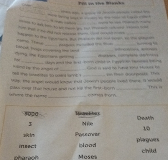 Ove 
Fill in the Blanks 
_ 
_ 
_
Years ages, a gpose of Dsoris pesets calted tive 
_ aneme Being kasck in sooees by the nuter ol tppen colted 
A man callen cen to ve Pharach är 
times to ask him to let them go, but Provaeln veltused. Mosek hod 
him that if he did not release them. God would mse 
happen to the Egyptians. But maron did not isten, so the plaiayes 
came. These 
_plagues inctuded the Rive_ 
blood, frogs covering the land_ 
tecators arímals 
dying, the Egyptians getting _diséases, compléte darkness 
for 
_days and the first-born child in Egyetian families being 
killed by the angel of _God is said to have told Moses to 
tell the Israelites to paint lamb's _on their doorposts. This 
way, the angel would know that Jewish people lived there. It would 
pass over that house and not kill the first-born _This is 
where the name _comes from.
3000 Israelites 
Death
3 Nile
10
skin Passover 
plagues 
insect blood 
child 
pharaoh Moses