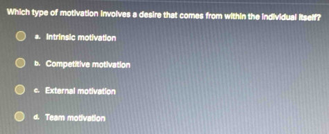 Which type of motivation involves a desire that comes from within the individual itself?
a. Intrinsic motivation
b. Competitive motivation
c. External motivation
d. Team motivation