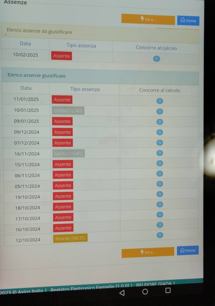 Assenze 
Val a... Home 
Elenco assenze da giustificare 
Data Tipo assenza Concorre al calcolo 
10/02/2025 Assente 
E 
Val a... 
2023 © Axios Italia | Registro Flettronico Famiglie (10 0] |. RFI FIORF GIADA I