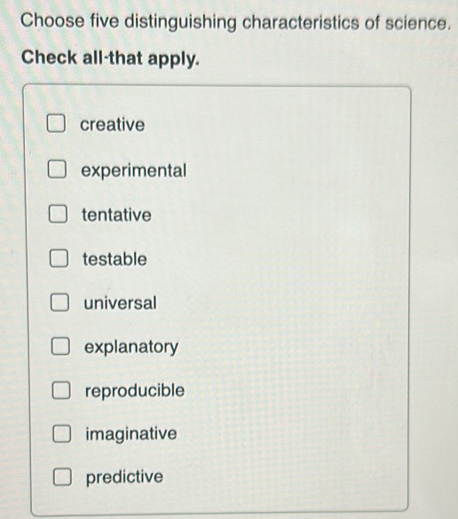 Solved: Choose five distinguishing characteristics of science. Check ...
