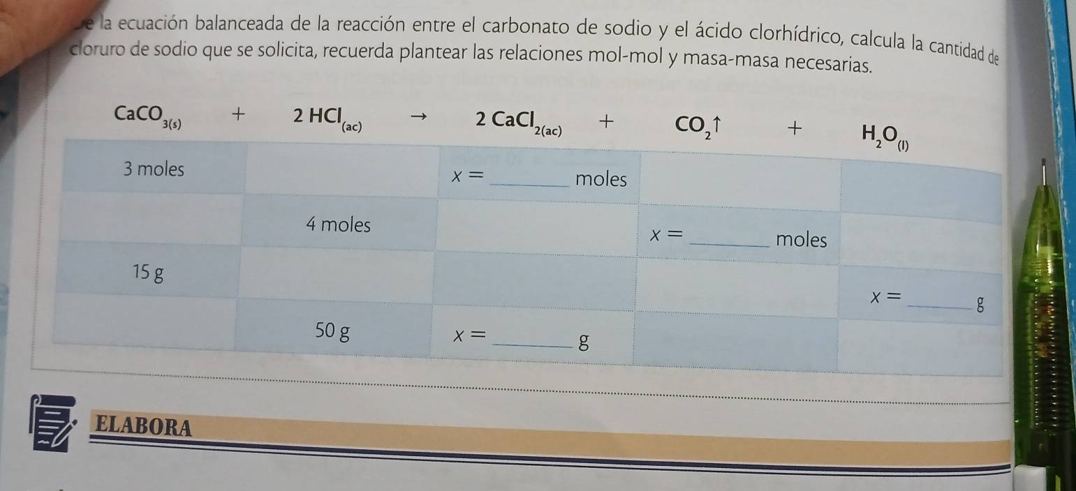 De la ecuación balanceada de la reacción entre el carbonato de sodio y el ácido clorhídrico, calcula la cantidad de
cloruro de sodio que se solicita, recuerda plantear las relaciones mol-mol y masa-masa necesarias.
ELABORA