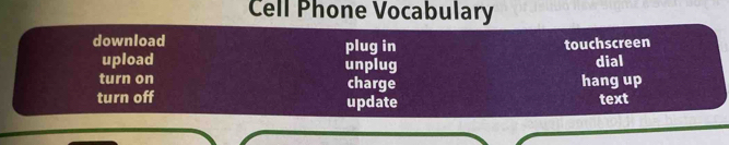 Cell Phone Vocabulary 
download plug in touchscreen 
upload unplug dial 
turn on charge hang up 
turn off update text