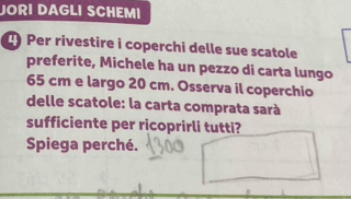 JORI DAGLI SCHEMI 
) Per rivestire i coperchi delle sue scatole 
preferite, Michele ha un pezzo di carta lungo
65 cm e largo 20 cm. Osserva il coperchio 
delle scatole: la carta comprata sarà 
sufficiente per ricoprirli tutti? 
Spiega perché.