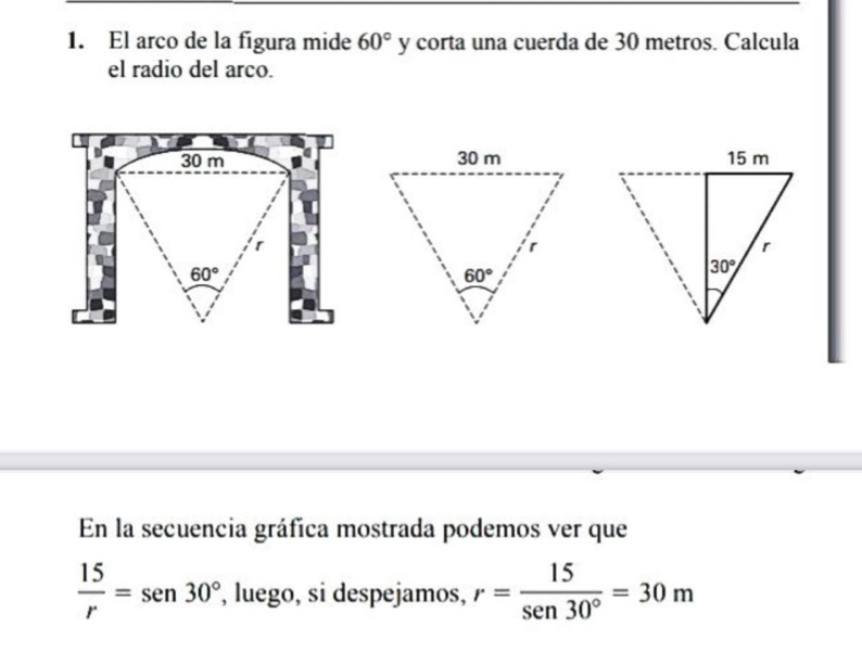 El arco de la figura mide 60° y corta una cuerda de 30 metros. Calcula
el radio del arco.
30 m 
r
60°
En la secuencia gráfica mostrada podemos ver que
 15/r =sen 30° , luego, si despejamos, r= 15/sen 30° =30m