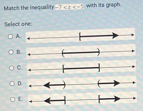 Match the inequality -7 with its graph. 
Select one: 
A 
B. 
C. 
D. 
E.