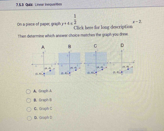 Qulz: Linear Inequalities
x-2.
On a piece of paper, graph beginarrayr 1 y+4≤ 2 frac  Click here for long description
Then determine which answer choice matches the graph you drew.
A B C D
A. Graph A
B. Graph B
C. Graph C
D. Graph D