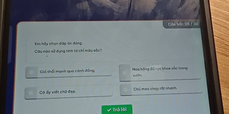 Câu hỏi: 28 / 30
Em hãy chọn đáp án đúng.
Câu nào sử dụng tính từ chỉ màu sắc?
Giỏ thổi mạnh qua cánh đồng. Hoa hồng đô rực khoa sắc trong
vườn.
Cô ấy viết chữ đẹp. Chủ mèo chạy rất nhanh.
Trả lời