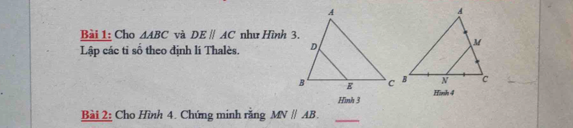 Cho △ ABC và DEparallel AC như Hình 3. 
Lập các tỉ số theo định lí Thalès. 
Hình 4 
Hình 3 
Bài 2: Cho Hình 4. Chứng minh rằng MNparallel AB. _