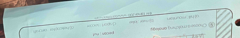 Choose a matching analogy. pecan ;nut
a) hill : mountain b) river : lake c) sport soccer d) helicopter : aircraft
@ M. Tallman 203 - wwwGotToteach.com