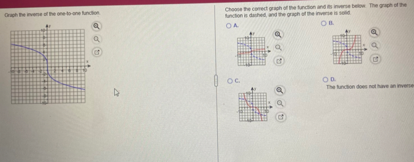 Graph the inverse of the one-to-one function Choose the correct graph of the function and its inverse below. The graph of the
function is dashed, and the graph of the inverse is solid.
A.
B.
C.
D.
The function does not have an inverse