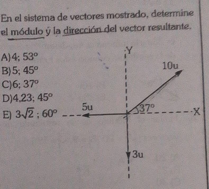 En el sistema de vectores mostrado, determine
el módulo y la dirección del vector resultante.
Y
A) 4; 53°
B) 5; 45^o
10u
C) 6; 37°
D) 4, 23; 45°
E) 3sqrt(2); 60° 5u
37°
X
3u