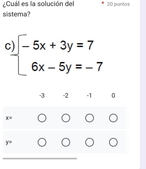 ¿Cuál es la solución del 20 puntos
sistema?
( ^· beginarrayl -5x+3y=7 6x-5y=-7endarray.
-3 -2 -1 0
x=
y=