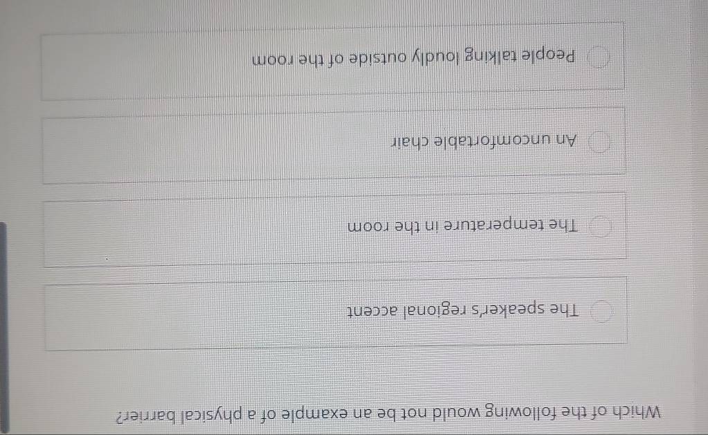 Which of the following would not be an example of a physical barrier?
The speaker's regional accent
The temperature in the room
An uncomfortable chair
People talking loudly outside of the room