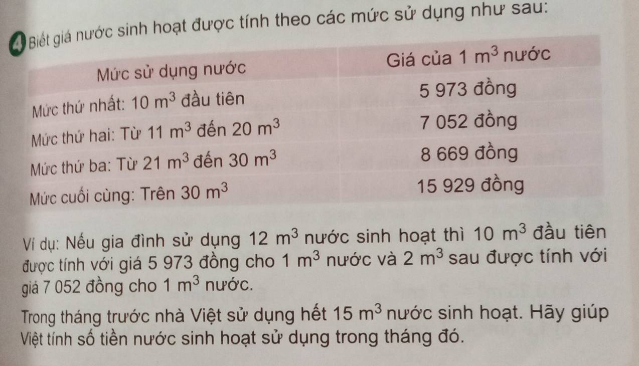 sinh hoạt được tính theo các mức sử dụng như sau:
Ví dụ: Nếu gia đình sử dụng 12m^3 nước sinh hoạt thì 10m^3 đầu tiên
được tính với giá 5 973 đồng cho 1m^3 nước và 2m^3 sau được tính với
giá 7 052 đồng cho 1m^3 nước.
Trong tháng trước nhà Việt sử dụng hết 15m^3 nước sinh hoạt. Hãy giúp
Việt tính số tiền nước sinh hoạt sử dụng trong tháng đó.