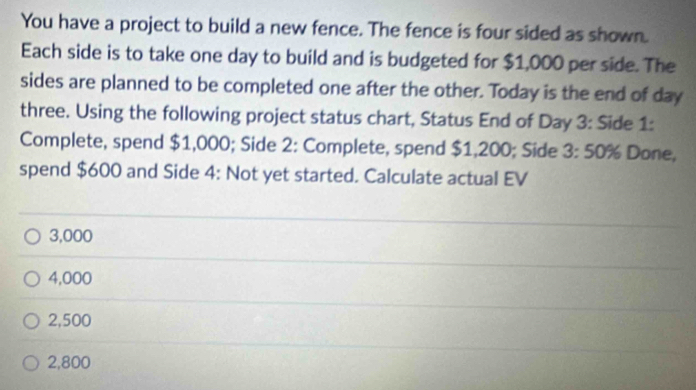 You have a project to build a new fence. The fence is four sided as shown.
Each side is to take one day to build and is budgeted for $1,000 per side. The
sides are planned to be completed one after the other. Today is the end of day
three. Using the following project status chart, Status End of Day 3 : Side 1 :
Complete, spend $1,000; Side 2 : Complete, spend $1,200; Side 3:50% Done,
spend $600 and Side 4 : Not yet started. Calculate actual EV
3,000
4,000
2,500
2,800