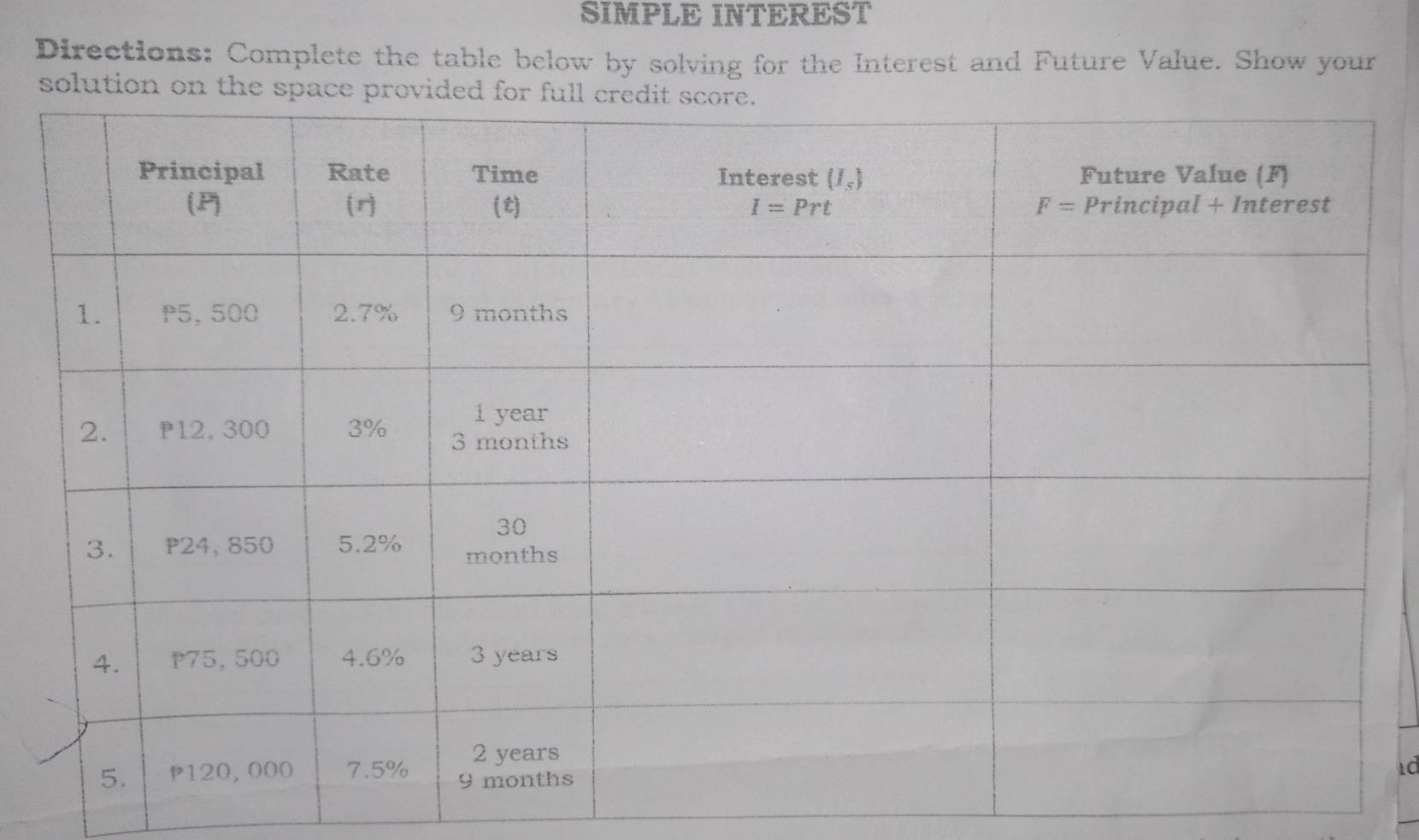 SIMPLE INTEREST
Directions: Complete the table below by solving for the Interest and Future Value. Show your
solution on the