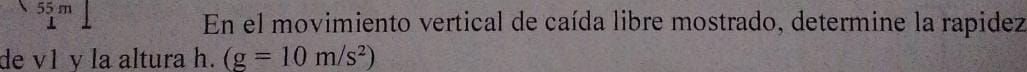 55 m
En el movimiento vertical de caída libre mostrado, determine la rapidez 
de v1 v la altura h. (g=10m/s^2)