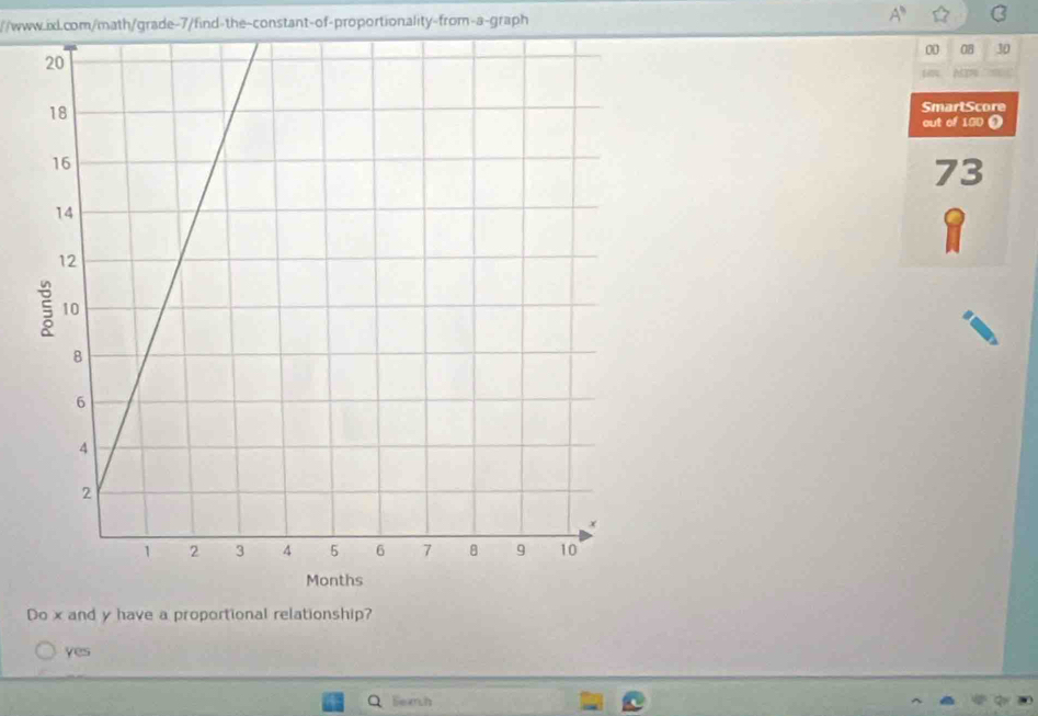 A^9 
//www.ixL.com/math/grade-7/find-the-constant-of-proportionality-from-a-graph B
00 0B 30
SmartScore
out of 150 0
73
1
Do x and y have a proportional relationship?
yes
Beach