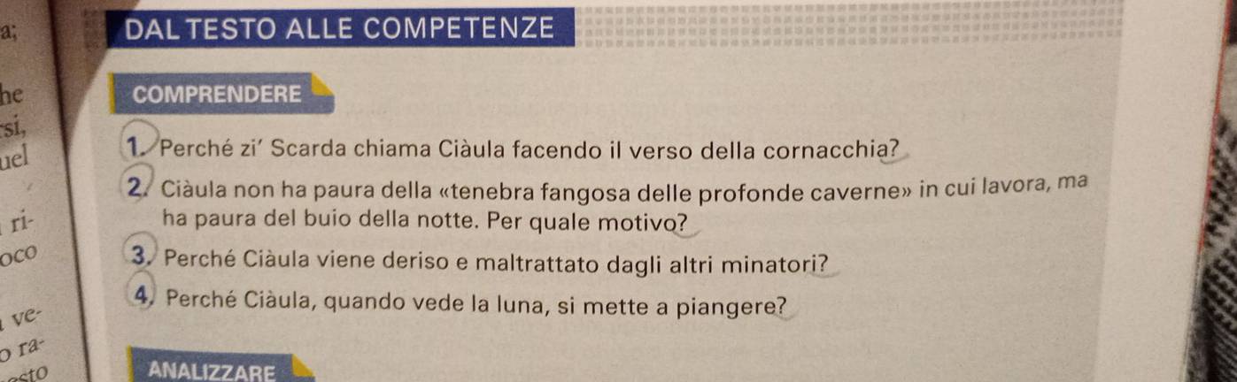 a; DAL TESTO ALLE COMPETENZE 
he COMPRENDERE 
si, 
uel 
1. Perché zi' Scarda chiama Ciàula facendo il verso della cornacchia? 
2. Ciàula non ha paura della «tenebra fangosa delle profonde caverne» in cui lavora, ma 
ri- ha paura del buio della notte. Per quale motivo? 
OCO 3. Perché Ciàula viene deriso e maltrattato dagli altri minatori? 
ve- 
4. Perché Ciàula, quando vede la luna, si mette a piangere? 
0 ra- 
esto 
ANALIZZARE