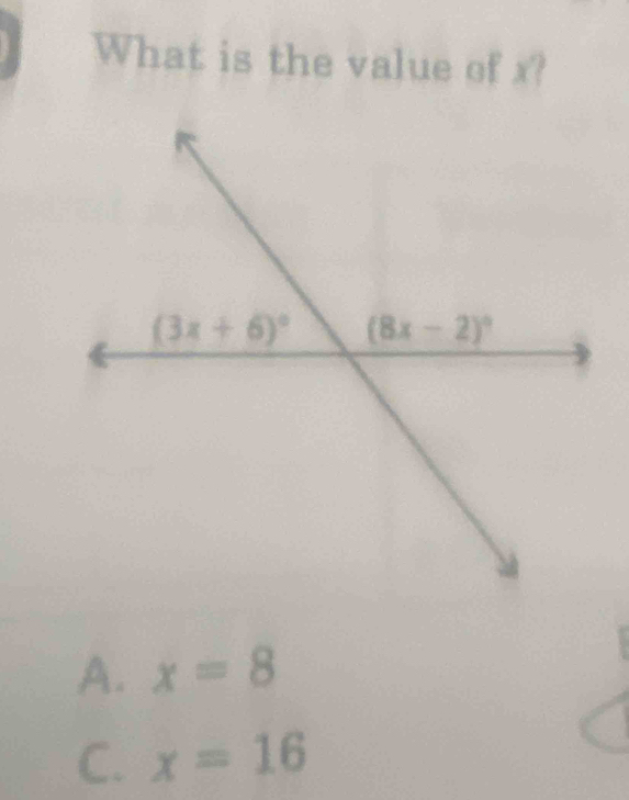 What is the value of x?
A. x=8
C、 x=16