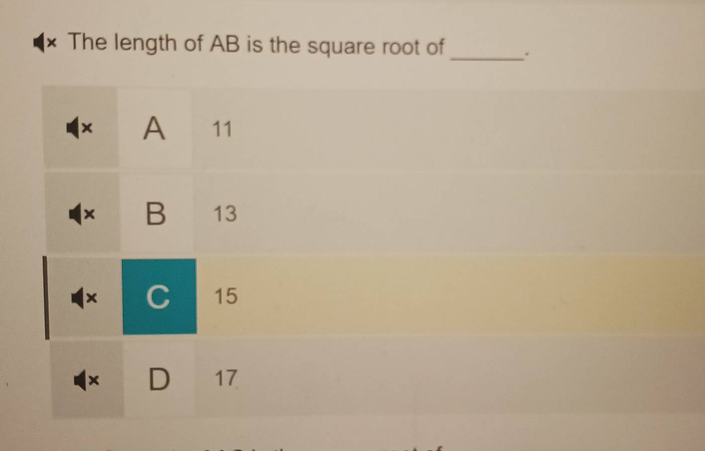 × The length of AB is the square root of
x A 11
x B 13
× C 15
× D 17