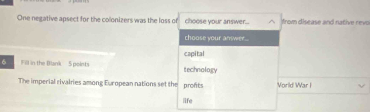 One negative apsect for the colonizers was the loss of choose your answer... from disease and native revo 
choose your answer... 
capital 
6 Fill in the Blank 5 points 
technology 
The imperial rivalries among European nations set the profts Vorld War I 
life