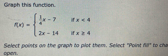 Graph this function.
f(x)=beginarrayl  1/4 x-7 2x-14endarray. ifx<4</tex> 
if x≥ 4
Select points on the graph to plot them. Select "Point fill" to cha
open.