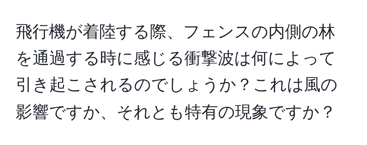 飛行機が着陸する際、フェンスの内側の林を通過する時に感じる衝撃波は何によって引き起こされるのでしょうか？これは風の影響ですか、それとも特有の現象ですか？