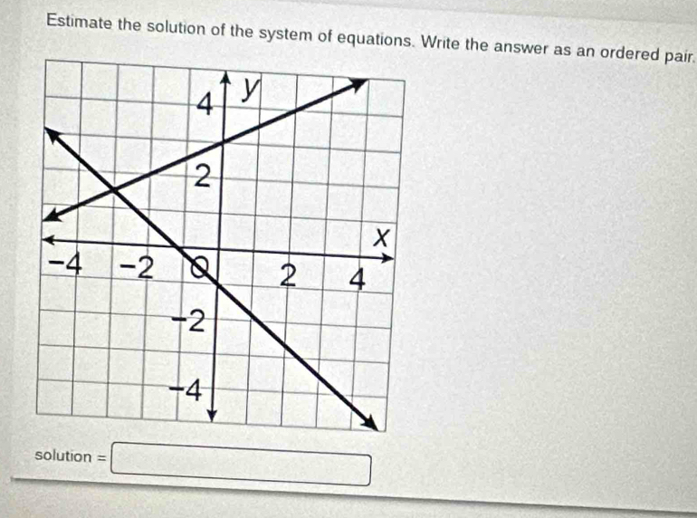 Estimate the solution of the system of equations. Write the answer as an ordered pair.
solution= =□