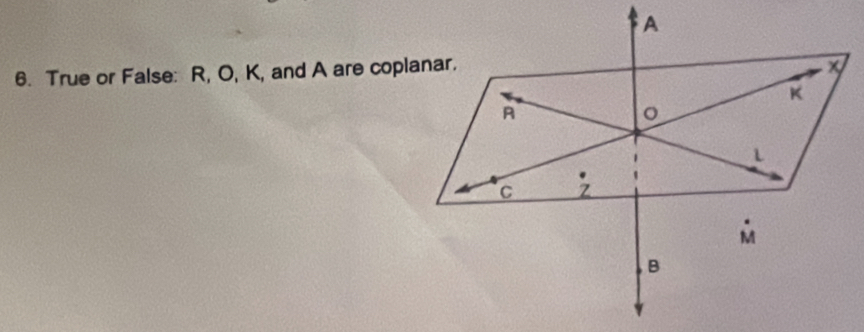 True or False: R, O, K, and A are coplanar.