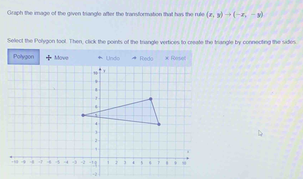 Graph the image of the given triangle after the transformation that has the rule (x,y)to (-x,-y). 
Select the Polygon tool. Then, click the points of the triangle vertices to create the triangle by connecting the sides.
Polygon Move Undo Redo × Reset
-2