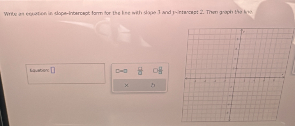 Write an equation in slope-intercept form for the line with slope 3 and y-intercept 2. Then graph the line. 
Equation: □  □ /□    □ /□  
□ =□
×