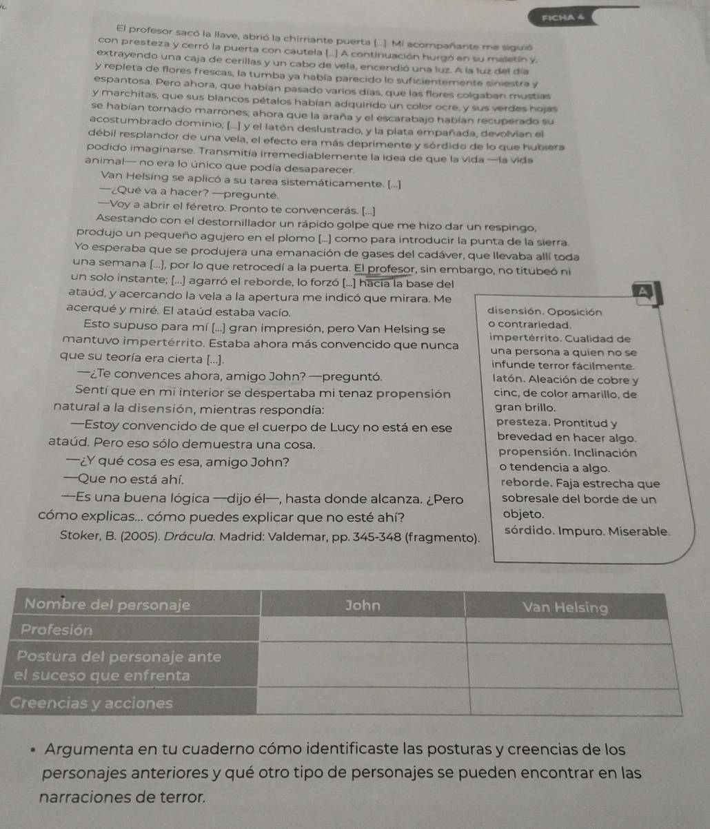 FICHA 4
El profesor sacó la llave, abrió la chirriante puerta (..). Mi acompañante me siguió
con presteza y cerró la puerta con cautela (...] A continuación hurgó en su maletín y.
extrayendo una caja de cerillas y un cabo de vela, encendió una luz. A la luz del día
y repleta de flores frescas, la tumba ya había parecido lo suficientemente siniestra y
espantosa. Pero ahora, que habían pasado varios días, que las flores colgaban mustias
y marchitas, que sus blancos pétalos habían adquirido un color ocre, y sus verdes hojas
se habían tornado marrones; ahora que la araña y el escarabajo habían recuperado su
acostumbrado dominio; [] y el latón deslustrado, y la plata empañada, devolvían el
débil resplandor de una vela, el efecto era más deprimente y sórdido de lo que hubiera
podido imaginarse. Transmitía irremediablemente la idea de que la vida —la vida
animal— no era lo único que podía desaparecer.
Van Helsing se aplicó a su tarea sistemáticamente. [...]
—¿Qué va a hacer? —pregunté.
—Voy a abrir el féretro. Pronto te convencerás. [...]
Asestando con el destornillador un rápido golpe que me hizo dar un respingo,
produjo un pequeño agujero en el plomo (...) como para introducir la punta de la sierra.
Yo esperaba que se produjera una emanación de gases del cadáver, que llevaba allí toda
una semana (...), por lo que retrocedí a la puerta. El profesor, sin embargo, no titubeó ni
un solo instante; [...] agarró el reborde, lo forzó [...] hacia la base del
ataúd, y acercando la vela a la apertura me indicó que mirara. Me
acerqué y miré. El ataúd estaba vacío.
disensión. Oposición
Esto supuso para mí [...] gran impresión, pero Van Helsing se o contrariedad.
impertérrito. Cualidad de
mantuvo impertérrito. Estaba ahora más convencido que nunca una persona a quien no se
que su teoría era cierta [...]. infunde terror fácilmente.
—¿Te convences ahora, amigo John? —preguntó. latón. Aleación de cobre y
Sentí que en mi interior se despertaba mi tenaz propensión cinc, de color amarillo, de
natural a la disensión, mientras respondía: gran brillo.
—Estoy convencido de que el cuerpo de Lucy no está en ese presteza. Prontitud y
brevedad en hacer algo.
ataúd. Pero eso sólo demuestra una cosa.
propensión. Inclinación
—¿Y qué cosa es esa, amigo John? o tendencia a algo.
—Que no está ahí. reborde. Faja estrecha que
—Es una buena lógica —dijo él—, hasta donde alcanza. ¿Pero sobresale del borde de un
cómo explicas... cómo puedes explicar que no esté ahí?
objeto.
Stoker, B. (2005). Drácula. Madrid: Valdemar, pp. 345-348 (fragmento). sórdido. Impuro. Miserable.
Argumenta en tu cuaderno cómo identificaste las posturas y creencias de los
personajes anteriores y qué otro tipo de personajes se pueden encontrar en las
narraciones de terror.